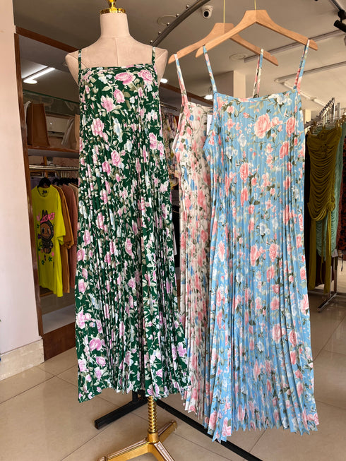 Floral Print Pleated Spaghetti Straps Long Dress